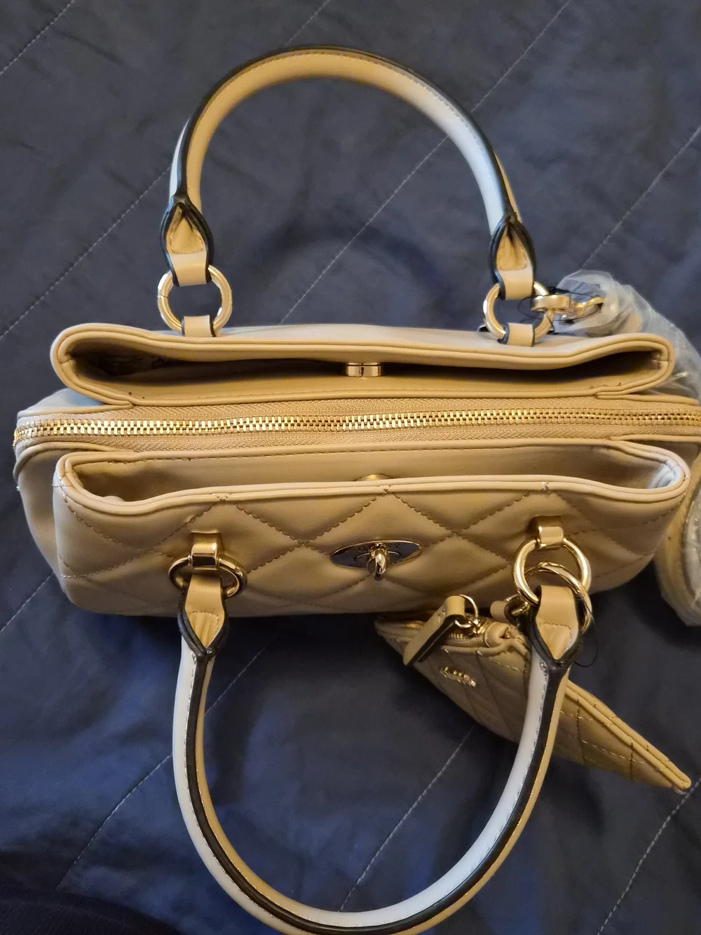 Guess Quilted Beige Satchel with Matching Zip Pouch
